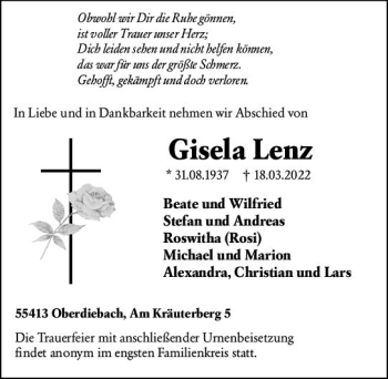 Traueranzeige von Gisela Lenz von vrm-trauer Allgemeine  Zeitung Ingelheim-Bingen