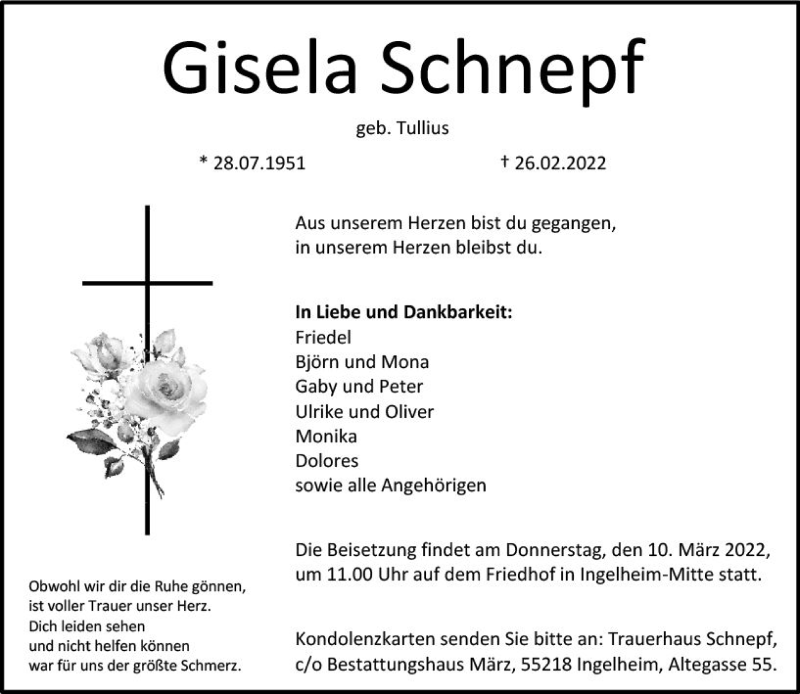  Traueranzeige für Gisela Schnepf vom 05.03.2022 aus vrm-trauer Allgemeine  Zeitung Ingelheim-Bingen