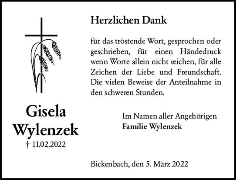  Traueranzeige für Gisela Wylenzek vom 05.03.2022 aus vrm-trauer Darmstädter Echo
