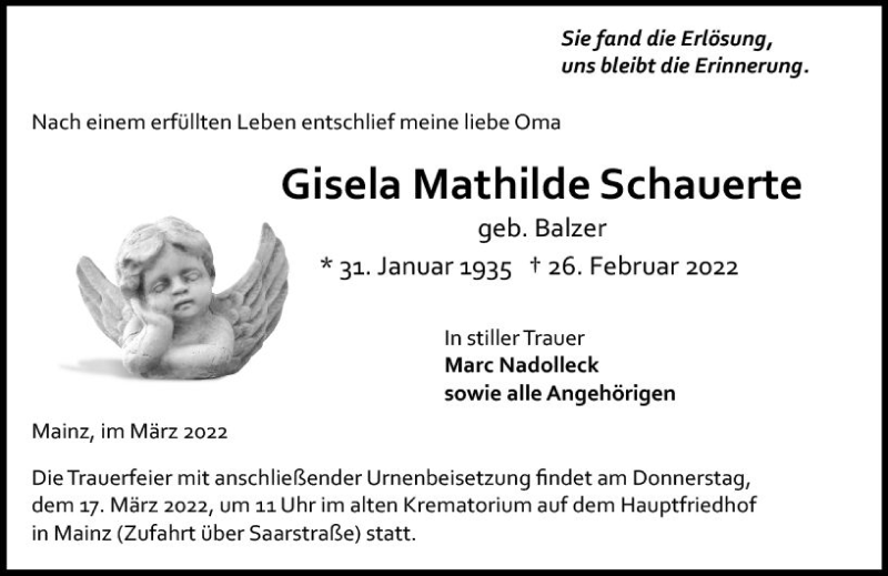  Traueranzeige für Gisela Mathilde Schauerte vom 12.03.2022 aus vrm-trauer AZ Mainz