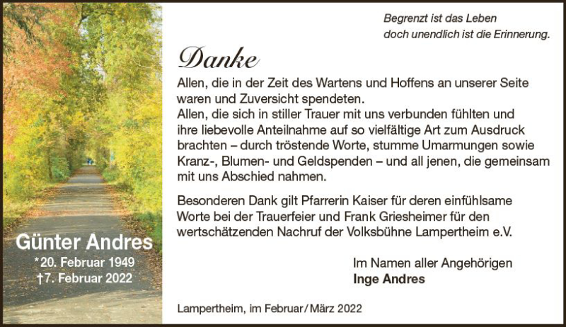  Traueranzeige für Günter Andres vom 05.03.2022 aus vrm-trauer Bürstädter/Lamperth. Ztg/Starkenburger