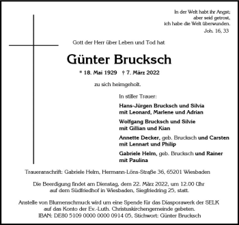 Traueranzeige von Günter Brucksch von vrm-trauer Wiesbadener Kurier