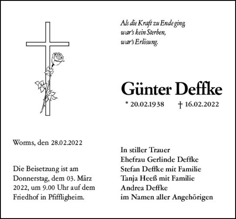  Traueranzeige für Günter Deffke vom 02.03.2022 aus vrm-trauer Wormser Zeitung