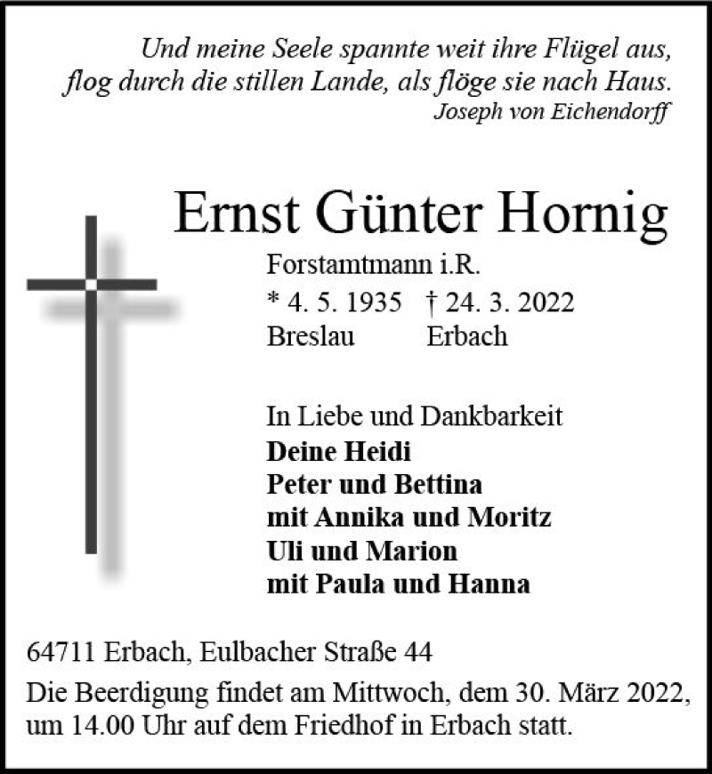  Traueranzeige für Günter Hornig vom 26.03.2022 aus vrm-trauer Odenwälder Echo