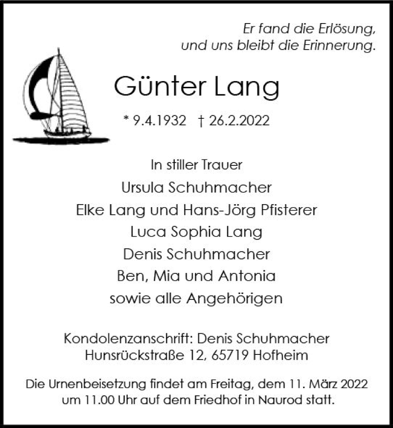  Traueranzeige für Günter Lang vom 05.03.2022 aus vrm-trauer Wiesbadener Kurier