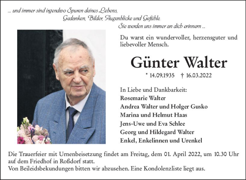  Traueranzeige für Günter Walter vom 26.03.2022 aus vrm-trauer Darmstädter Echo