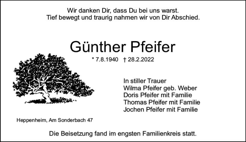  Traueranzeige für Günther Pfeifer vom 26.03.2022 aus vrm-trauer Bürstädter/Lamperth. Ztg/Starkenburger