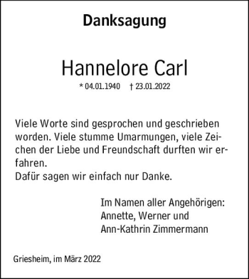 Traueranzeige von Hannelore Carl von vrm-trauer Darmstädter Echo