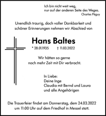 Traueranzeige von Hans Baltes von vrm-trauer Darmstädter Echo