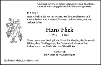 Traueranzeige von Hans Flick von vrm-trauer Hochheimer Zeitung