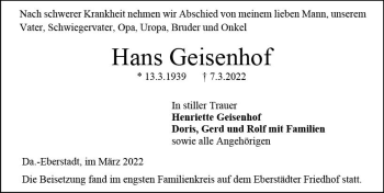 Traueranzeige von Hans Geisenhof von vrm-trauer Groß-Gerauer Echo