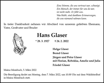 Traueranzeige von Hans Glaser von vrm-trauer AZ Mainz