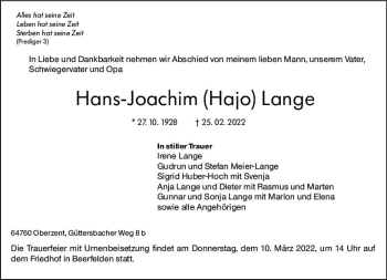 Traueranzeige von Hans-Joachim Lange von vrm-trauer Odenwälder Echo