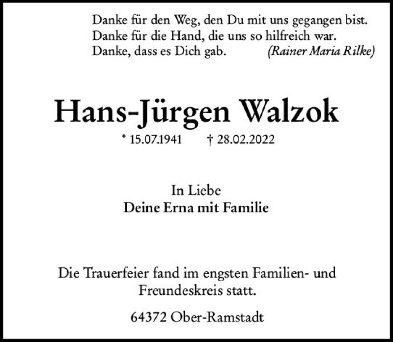  Traueranzeige für Hans-Jürgen Walzok vom 19.03.2022 aus vrm-trauer Darmstädter Echo