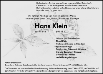 Traueranzeige von Hans Klein von vrm-trauer AZ Mainz