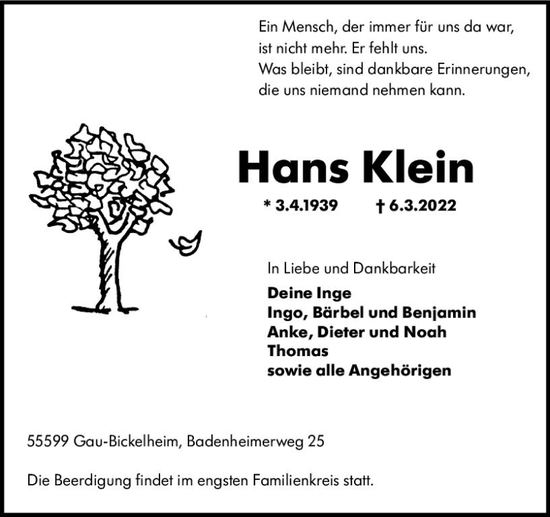  Traueranzeige für Hans Klein vom 09.03.2022 aus vrm-trauer Allgemeine Zeitung Alzey