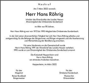 Traueranzeige von Hans Röhrig von vrm-trauer Bürstädter/Lamperth. Ztg/Starkenburger