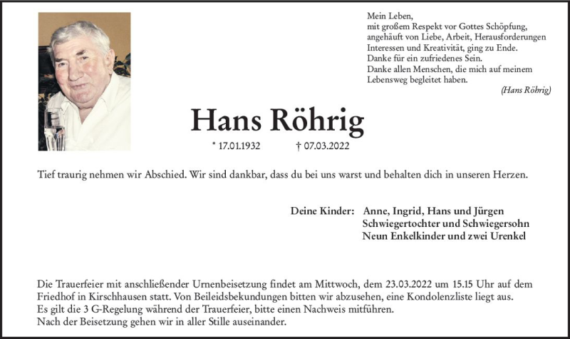  Traueranzeige für Hans Röhrig vom 19.03.2022 aus vrm-trauer Bürstädter/Lamperth. Ztg/Starkenburger