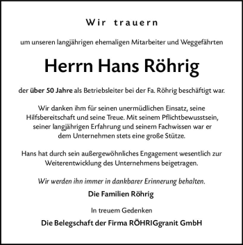 Traueranzeige von Hans Röhrig von vrm-trauer Bergsträßer Anzeiger