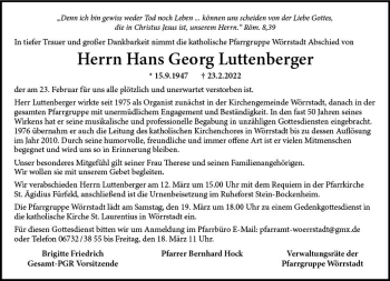 Traueranzeige von Hans Georg Luttenberger von vrm-trauer Allgemeine Zeitung Alzey