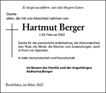 Traueranzeige von Hartmut Berger von vrm-trauer Odenwälder Echo