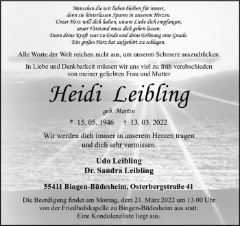 Traueranzeige von Heidi Leibling von vrm-trauer Allgemeine  Zeitung Ingelheim-Bingen