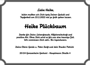 Traueranzeige von Heike Plückbaum von vrm-trauer AZ Mainz
