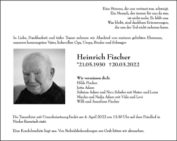 Traueranzeige von Heinrich Fischer von vrm-trauer Darmstädter Echo
