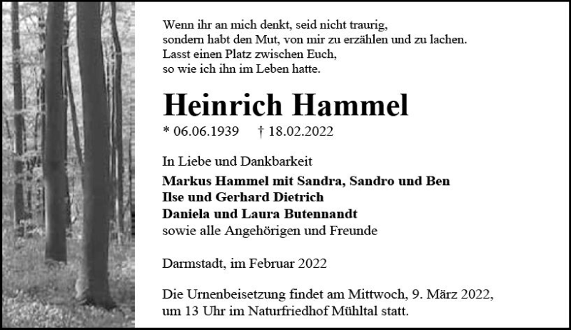  Traueranzeige für Heinrich Hammel vom 05.03.2022 aus vrm-trauer Darmstädter Echo