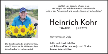 Traueranzeige von Heinrich Kohr von vrm-trauer Hochheimer Zeitung