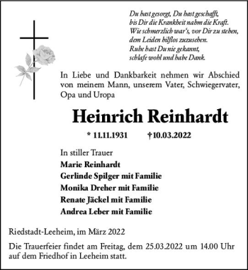Traueranzeige von Heinrich Reinhardt von vrm-trauer Groß-Gerauer Echo