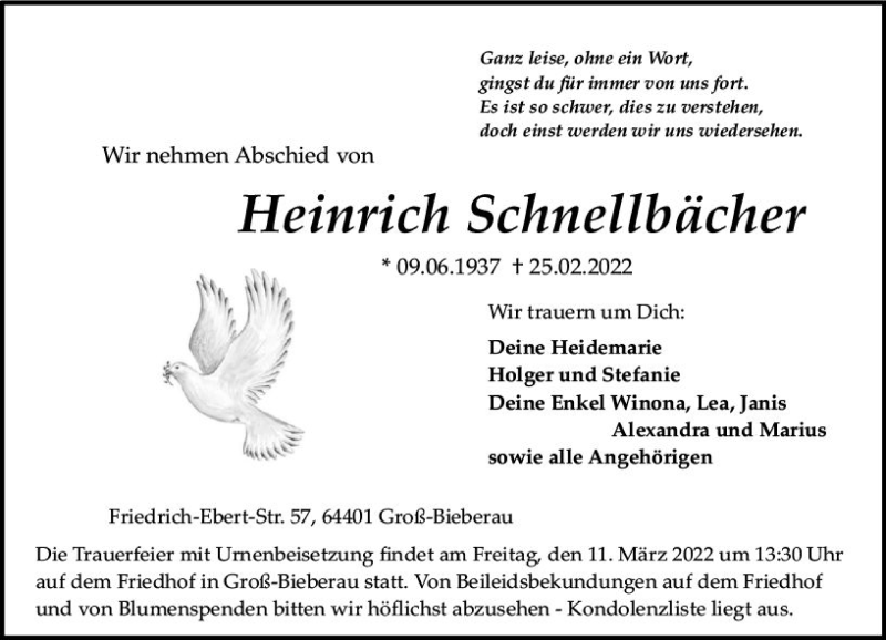  Traueranzeige für Heinrich Schnellbächer vom 05.03.2022 aus vrm-trauer Darmstädter Echo