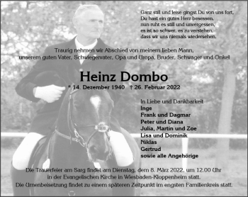 Traueranzeige von Heinz Dombo von vrm-trauer Wiesbadener Kurier