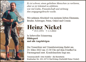 Traueranzeige von Heinz Nickel von vrm-trauer Odenwälder Echo