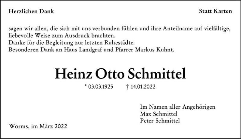  Traueranzeige für Heinz Otto Schmittel vom 03.03.2022 aus vrm-trauer Wormser Zeitung