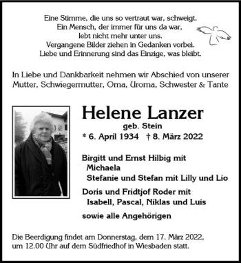 Traueranzeige von Helene Lanzer von vrm-trauer Wiesbadener Kurier