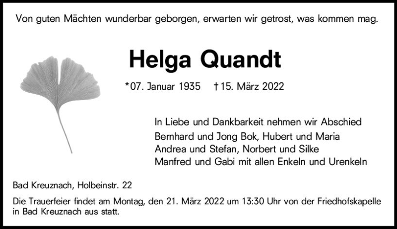  Traueranzeige für Helga Quandt vom 17.03.2022 aus vrm-trauer Allg. Zeitung Bad Kreuznach