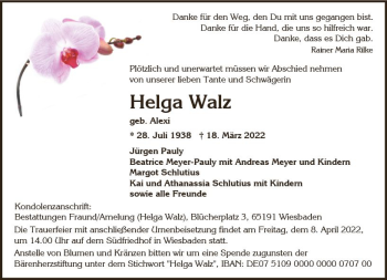 Traueranzeige von Helga Walz von vrm-trauer Wiesbadener Kurier