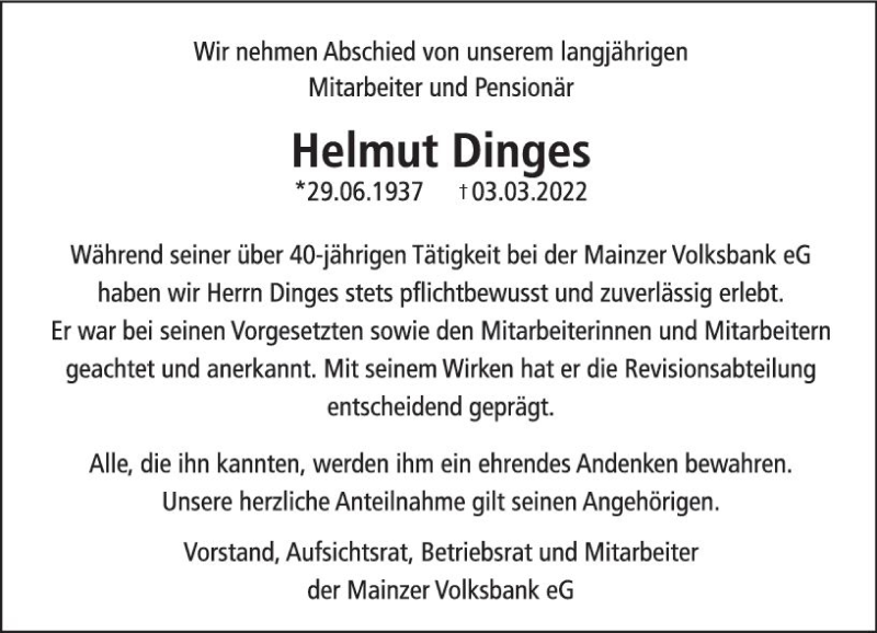  Traueranzeige für Helmut Dinges vom 19.03.2022 aus vrm-trauer AZ Mainz