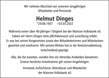 Traueranzeige von Helmut Dinges von vrm-trauer AZ Mainz