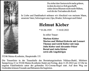 Traueranzeige von Helmut Kieber von vrm-trauer AZ Mainz