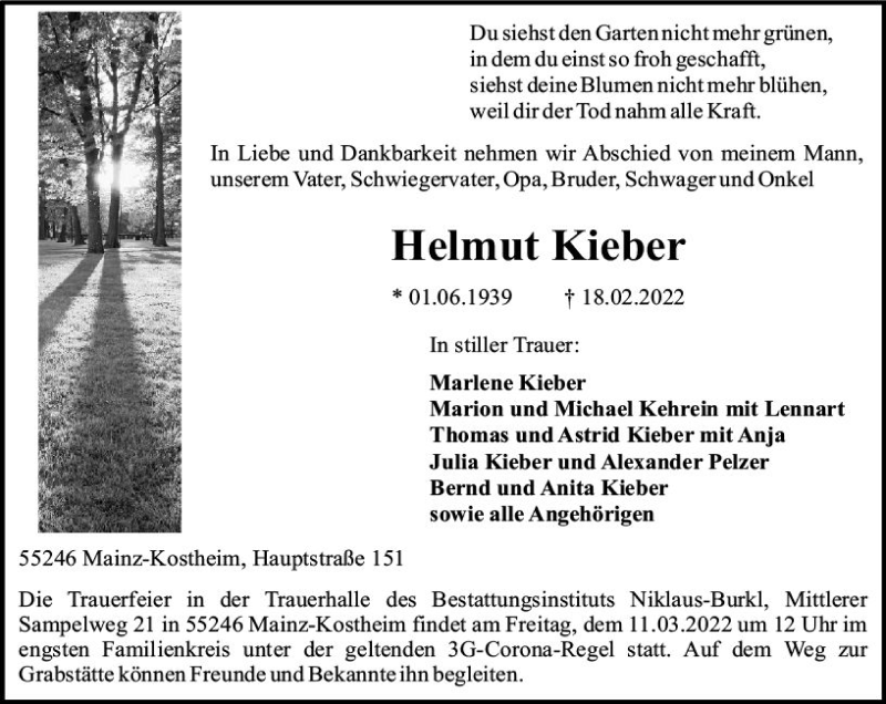  Traueranzeige für Helmut Kieber vom 05.03.2022 aus vrm-trauer AZ Mainz