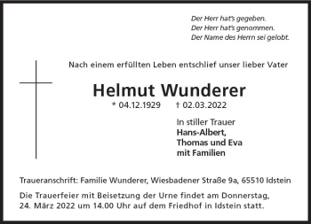 Traueranzeige von Helmut Wunderer von vrm-trauer Idsteiner Zeitung