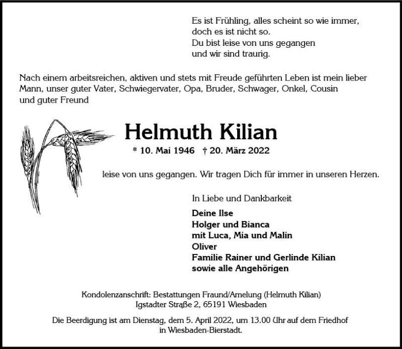  Traueranzeige für Helmuth Kilian vom 26.03.2022 aus vrm-trauer Wiesbadener Kurier