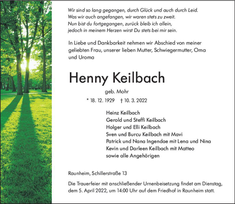  Traueranzeige für Henny Keilbach vom 19.03.2022 aus vrm-trauer Rüsselsheimer Echo / MainSpitze