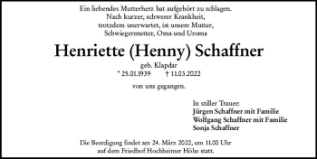 Traueranzeige von Henriette Schaffner von vrm-trauer Wormser Zeitung