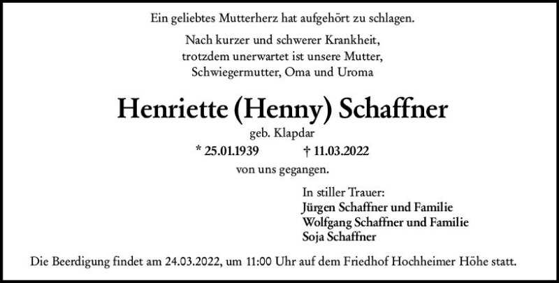  Traueranzeige für Henriette Schaffner vom 19.03.2022 aus vrm-trauer Wormser Zeitung