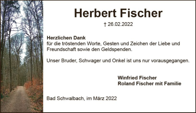  Traueranzeige für Herbert Fischer vom 26.03.2022 aus vrm-trauer WK-UTA