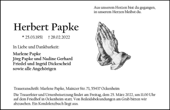 Traueranzeige von Herbert Papke von vrm-trauer Allgemeine  Zeitung Ingelheim-Bingen