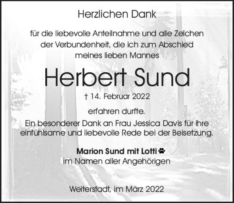  Traueranzeige für Herbert Sund vom 19.03.2022 aus vrm-trauer Darmstädter Echo